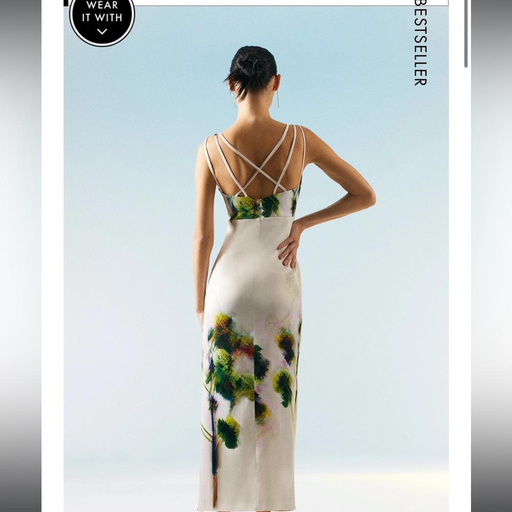 OOTO LONDON Italian Structured Satin Strappy Floral Dress